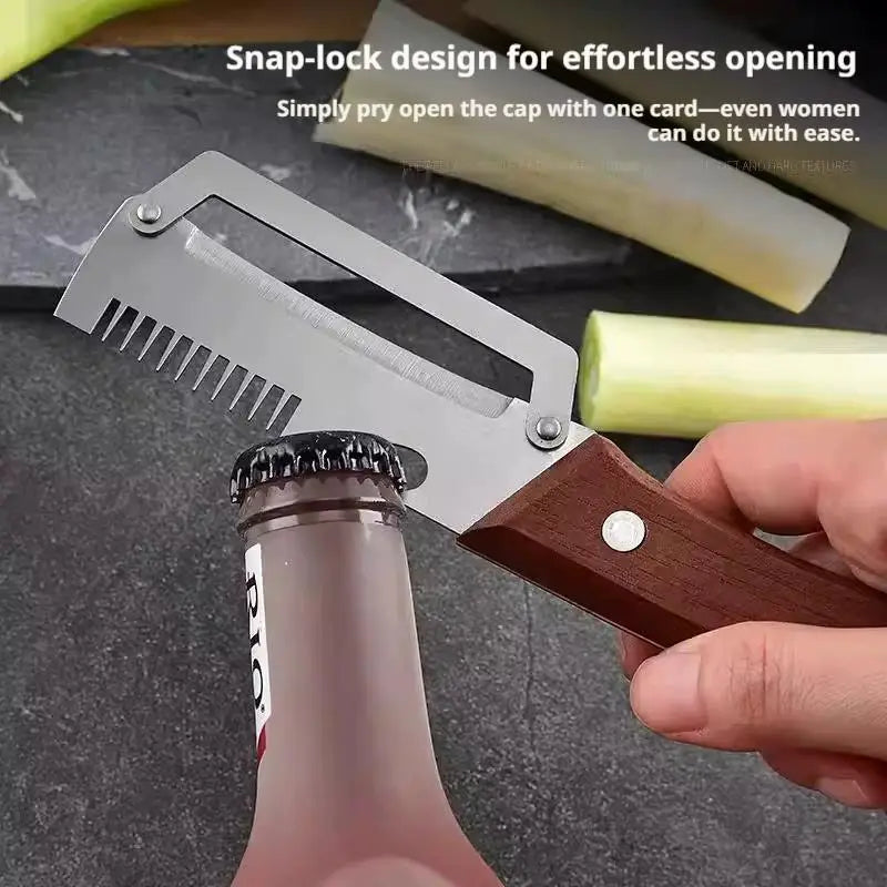 3-In-1 Stainless Steel Vegetable Peeler Peeling Knife with Wooden Handle and Bottle Opener Kitchen Tool