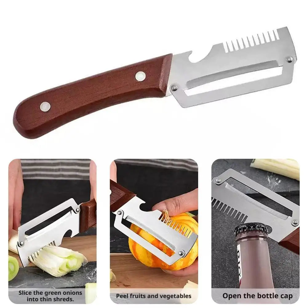 3-In-1 Stainless Steel Vegetable Peeler Peeling Knife with Wooden Handle and Bottle Opener Kitchen Tool
