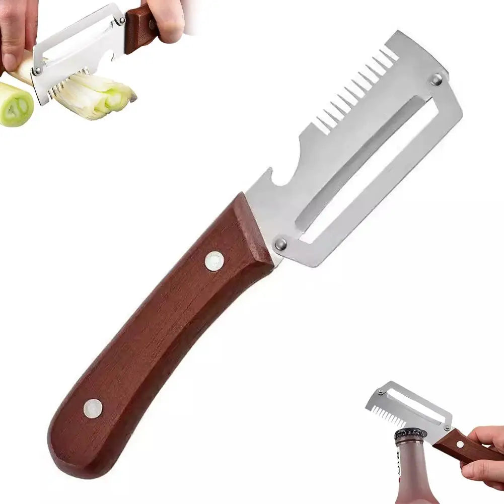 3-In-1 Stainless Steel Vegetable Peeler Peeling Knife with Wooden Handle and Bottle Opener Kitchen Tool