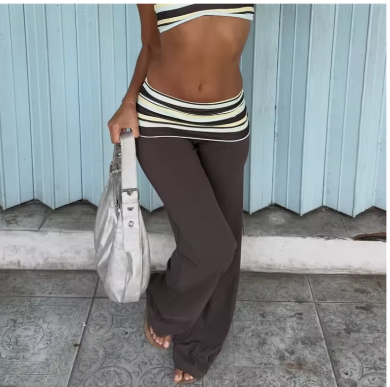 Y2K style 2-piece set for women, striped square-neck cropped top and high-waisted wide-leg pants, casual women’s streetwear outfit.