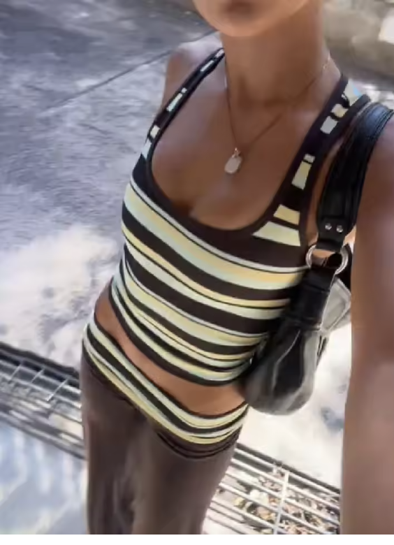 Y2K style 2-piece set for women, striped square-neck cropped top and high-waisted wide-leg pants, casual women’s streetwear outfit.